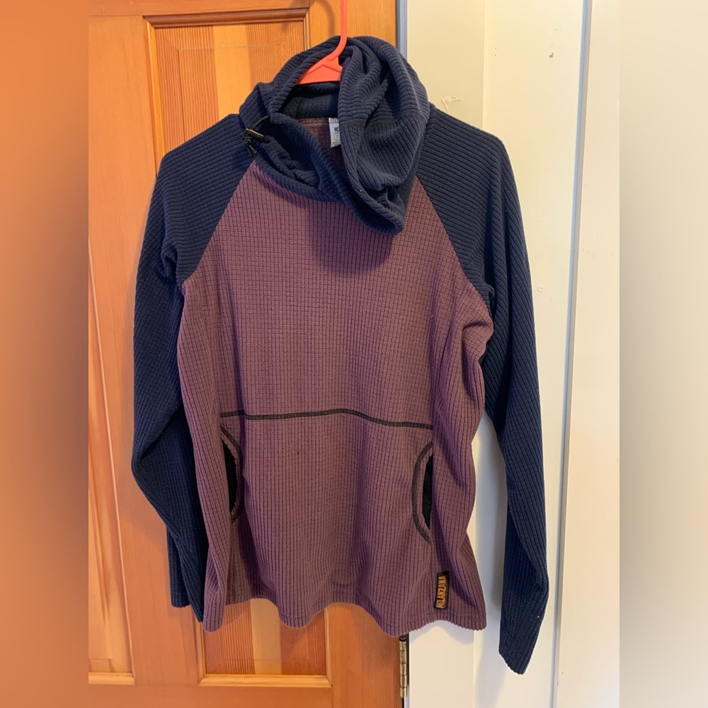 Melanzana Women's Hooded Waffle Pullover in Navy and Plum V1 Medium